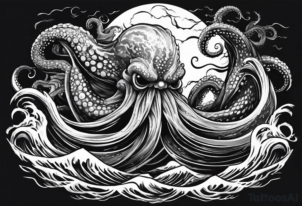 A kraken octopus monster underwater ensnaring Poseidon as he thrust his trident into the beast. Turbulent storm with lightning & waves crashing tattoo idea