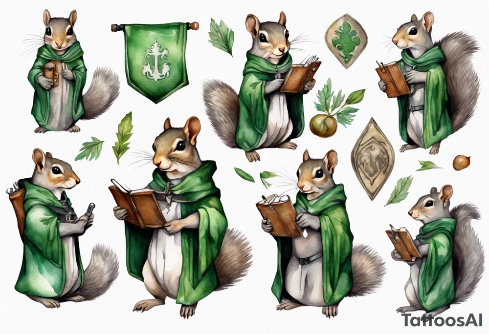 a female grey squirrel dressed in a grey and green tunic wearing a medieval messenger bag tattoo idea