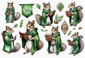 a female grey squirrel dressed in a grey and green tunic wearing a medieval messenger bag tattoo idea