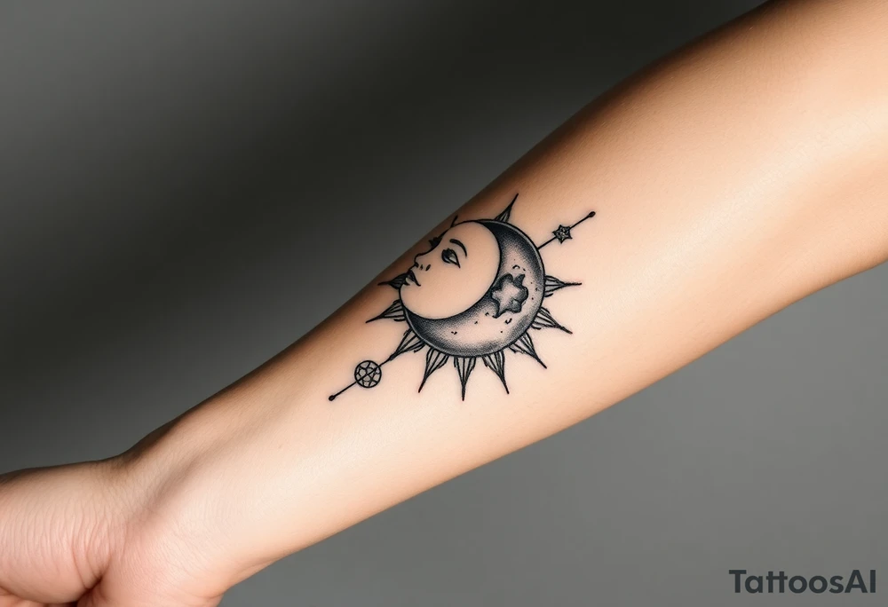 celestial sun and moon embrace with constellation patterns tattoo idea