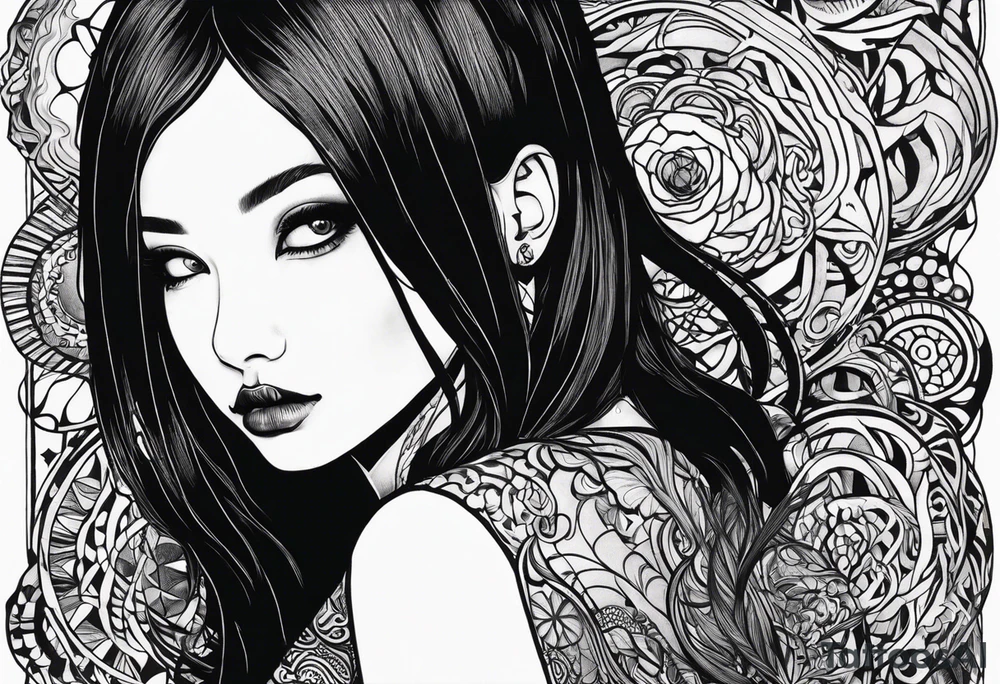 Junji ito style drawing of the girl from porter robinsons shelter video tattoo idea