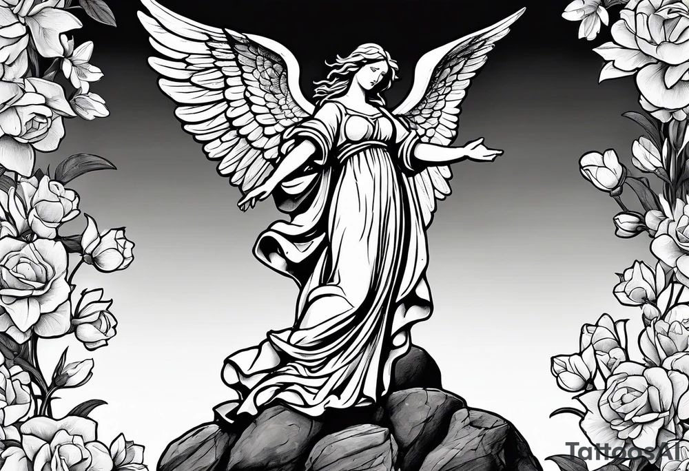 Simple Angel statue stood on a rock with daffodils and roses wrapped around its legs tattoo idea