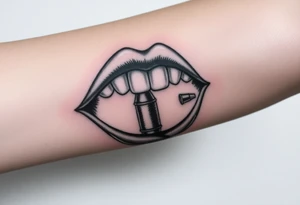 A set of lips snarling with 50cal round between teeth tattoo idea