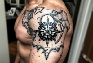 antique compass rose overlaid on weathered world map with with sun tattoo idea
