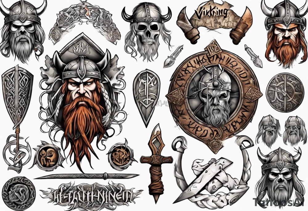 Viking sleeve with heathen writing tattoo idea