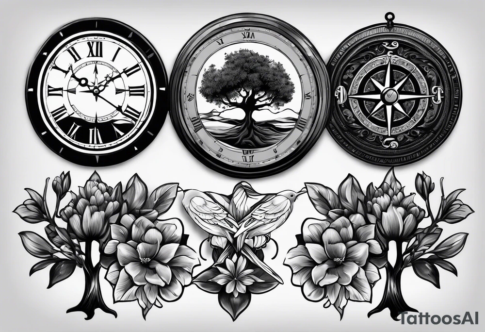 black and grey composition of three elements, 1), combination old school pocket watch and nautical compass, 2) a tree of life and 3) a doctor bird, connected together by lignum vitae flowers, on the arm 3/4 sleeve black and grey tattoo idea