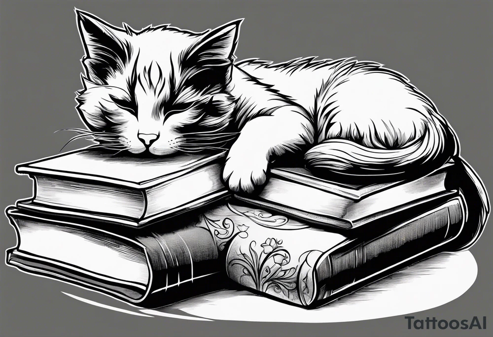 black sillhouette cat sleeping with a book sleeve tattoo tattoo idea