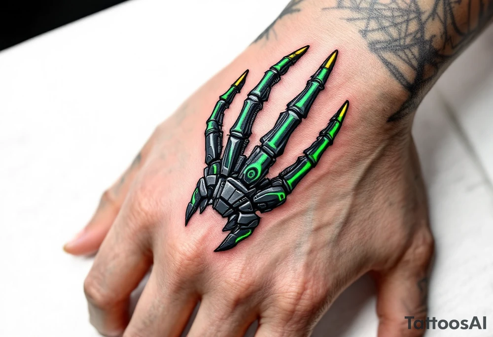 A robotic skeletal hand in matte black and neon green, seamlessly blending into the wrist like real armor. tattoo idea