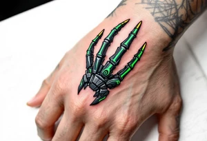 A robotic skeletal hand in matte black and neon green, seamlessly blending into the wrist like real armor. tattoo idea