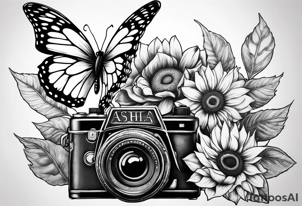 Butterfly, sunflower, camera, book, flower rose tattoo idea Butterfly, sunflower, camera, book, flower rose tattoo idea