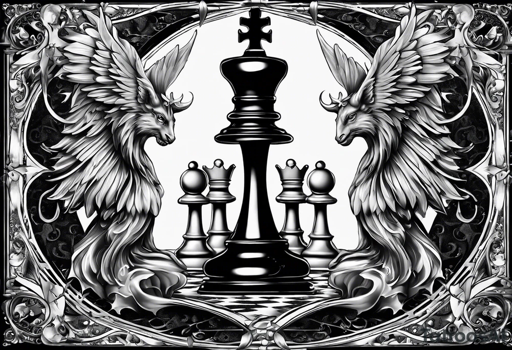 Illustrate an intricately balanced scale where one side represents the angelic forces, and the other represents the demonic forces. The chess pieces can sit on each side, symbolizing the equilibrium between good and evil. tattoo idea