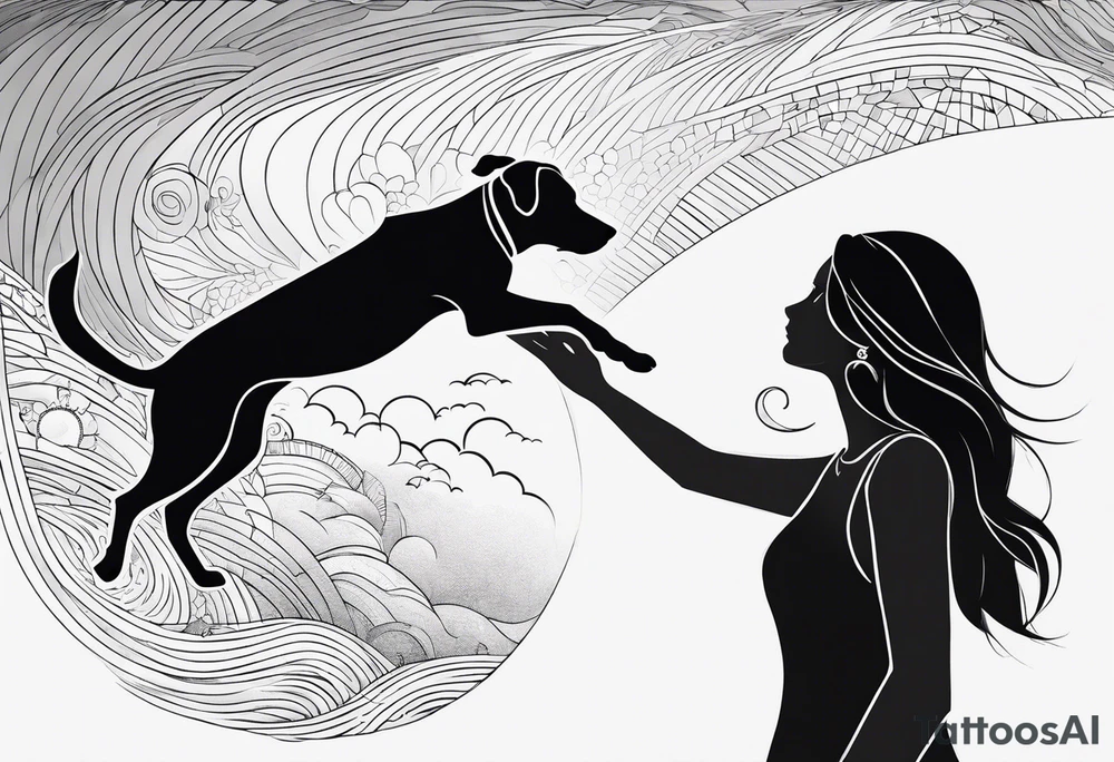 dog in the sky facing woman and trying to reach her hand and woman as her back facing us tattoo idea