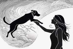 dog in the sky facing woman and trying to reach her hand and woman as her back facing us tattoo idea