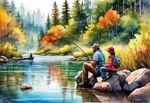 Father and young son and daughter fishing from the bank with trees and wilderness surrounding them. tattoo idea