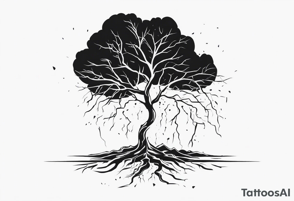 a barron tree struck by lightning, the branches resemble a brain and its spark of life. the ground below the tree is cracked symbolizing the broken connection between creator and creation tattoo idea