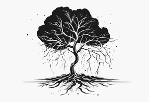 a barron tree struck by lightning, the branches resemble a brain and its spark of life. the ground below the tree is cracked symbolizing the broken connection between creator and creation tattoo idea