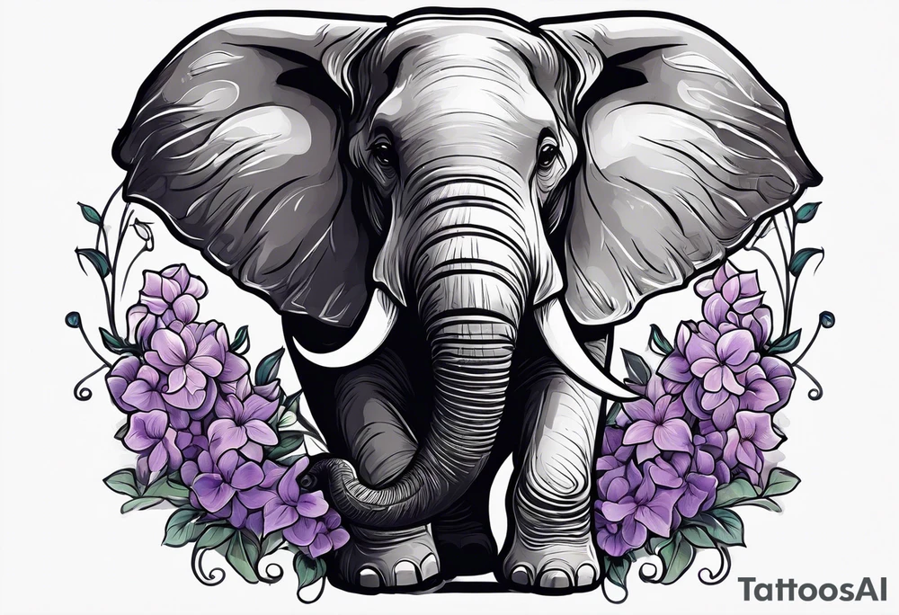 Seated elephant with raised trunk holding lilacs tattoo idea