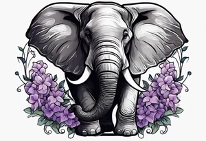 Seated elephant with raised trunk holding lilacs tattoo idea