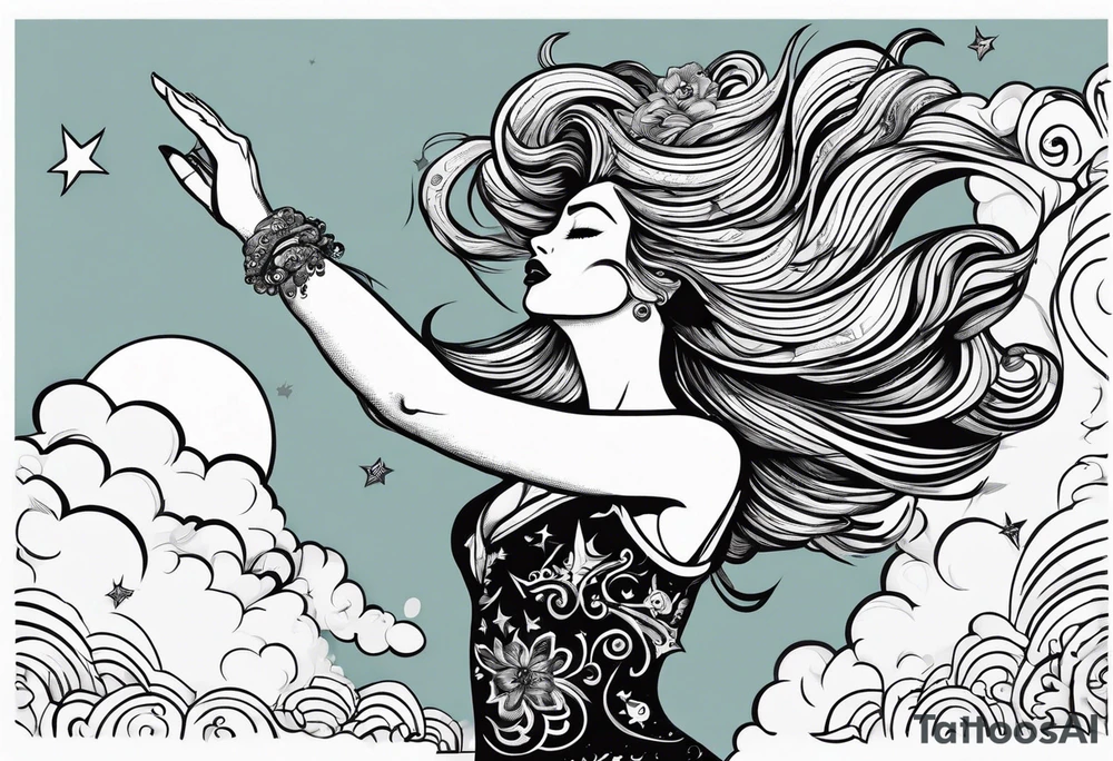 Silly. odd woman ugly dancing pointing her fingers up in the sky. tattoo idea