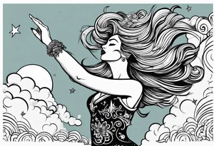 Silly. odd woman ugly dancing pointing her fingers up in the sky. tattoo idea