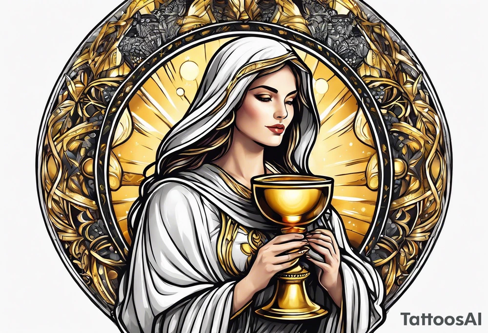 woman saint holding chalice surrounded by golden halo tattoo idea