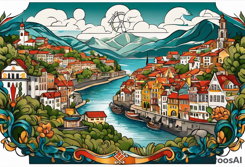 Create a tattoo design that symbolizes the connection between a family spread across Portugal and Germany, with a central figure who travels between the two. Incorporate elements representing both countries' cultures and landmarks, linked by a path or journey motif. The design should evoke feelings of unity, distance, and the bond of family. tattoo idea