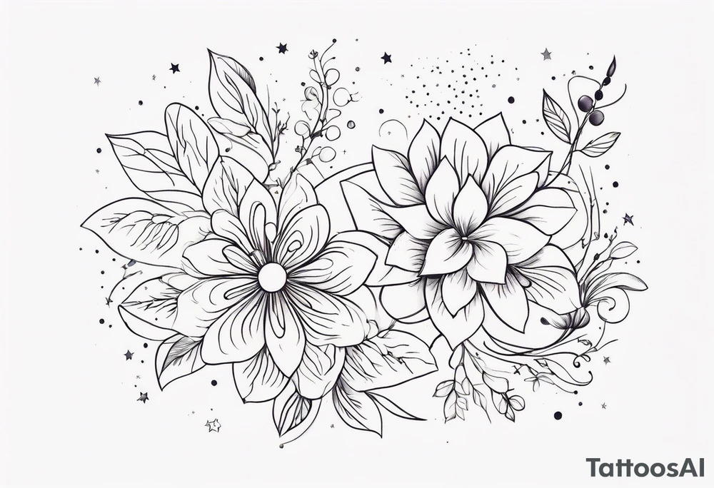 fine line floral with stars, swirls, dots tattoo idea