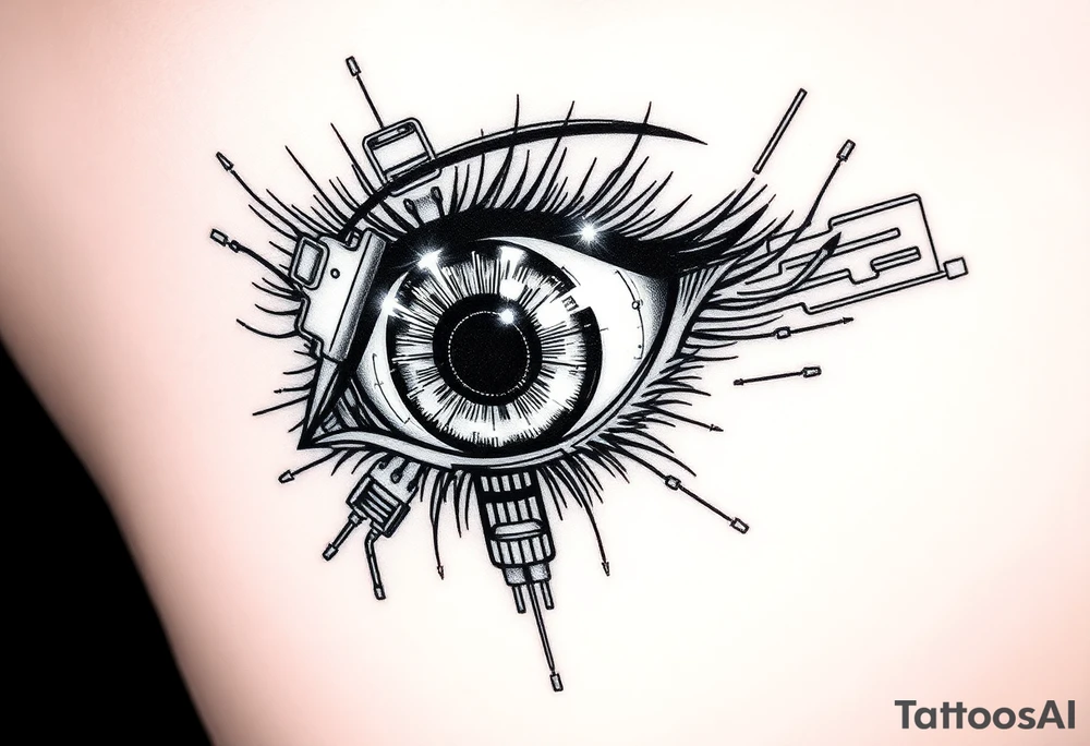 Cybernetic Eye with HUD Elements
A detailed eye with cybernetic implants and neon overlays.
A heads-up display (HUD) projecting out, featuring symbols, warnings, or static.
Neo-trad thick outlines and shading mixed with digital-style highlights. tattoo idea