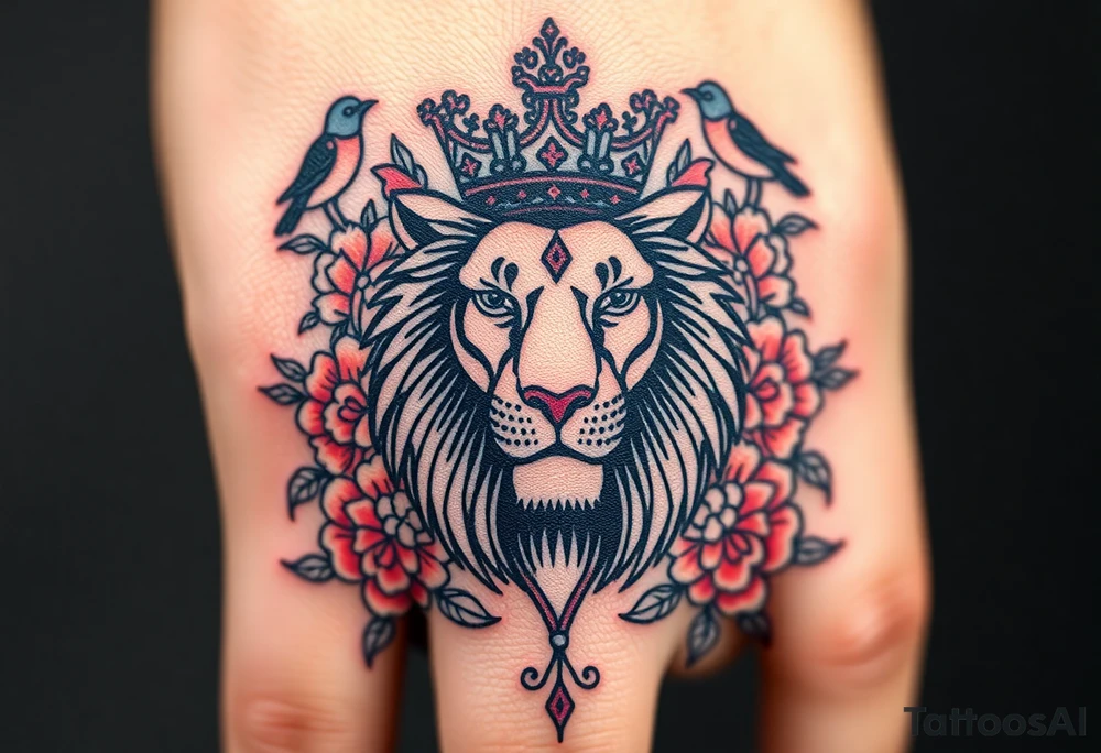 powerful majestic lion with a crown, surrounded by floral ornaments and birds tattoo idea