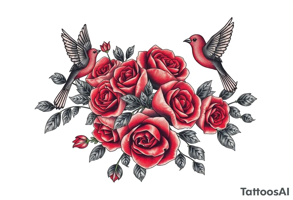 Vintage lace, red roses, red birds, vintage, wrap around, tighter together, no space open tattoo idea
