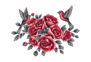 Vintage lace, red roses, red birds, vintage, wrap around, tighter together, no space open tattoo idea