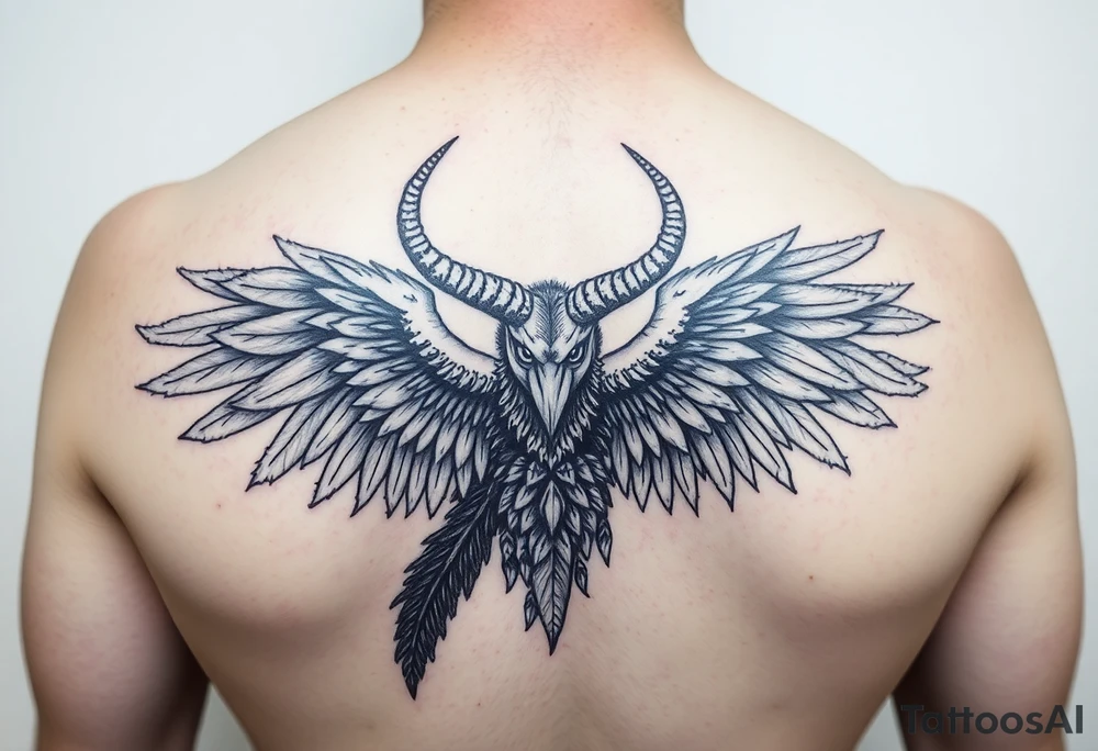 Harpy with horns and lots of feathers tattoo idea