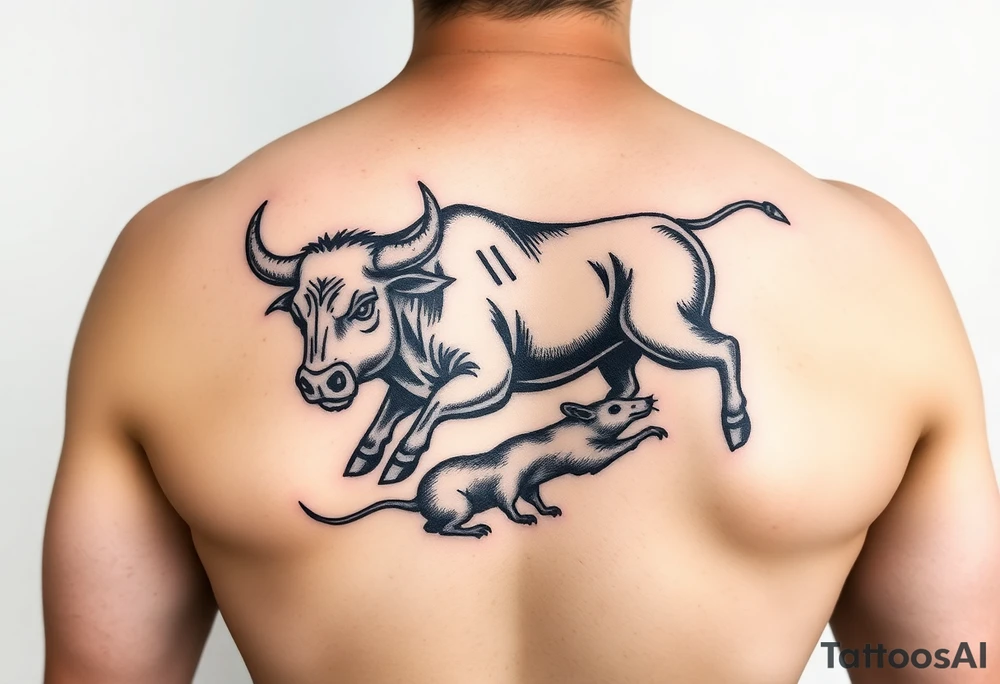 Bull chasing a rat traditional with color lower back tattoo idea
