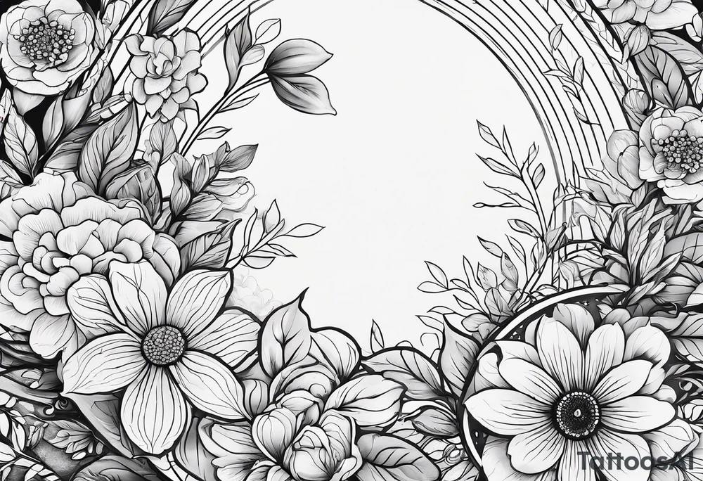 flower tattoo that says “no rain no flowers” and is circular with flowers and leaves trailing from the circle tattoo idea