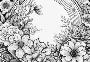 flower tattoo that says “no rain no flowers” and is circular with flowers and leaves trailing from the circle tattoo idea