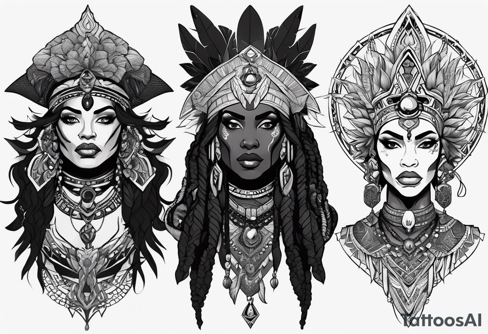 valkrye, kali, pirate, african goddess, , warrior, native american, lotus, zenza resonance, skulls, dragon, pachamama, left side face, chest, right wing, tattoo idea
