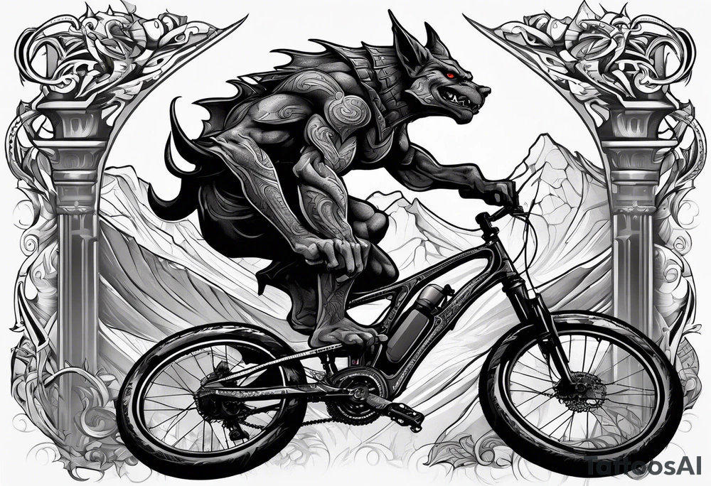 gargoyle riding a full suspension mountain bike with a shadow no background tattoo idea