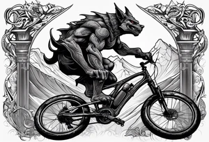 gargoyle riding a full suspension mountain bike with a shadow no background tattoo idea