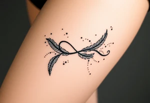 infinity symbol woven with floating feathers and stardust tattoo idea