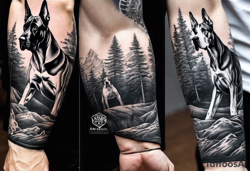 Arm sleeve for man with Great Dane Heads mixed in with other fill work that resembles the outdoors tattoo idea