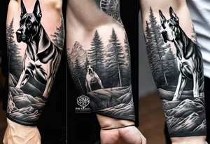 Arm sleeve for man with Great Dane Heads mixed in with other fill work that resembles the outdoors tattoo idea