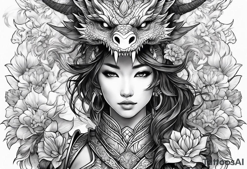 beautiful warrior woman wearing dragon armor and a floral background and a dragon a full picture tattoo idea