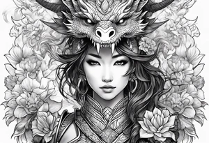 beautiful warrior woman wearing dragon armor and a floral background and a dragon a full picture tattoo idea