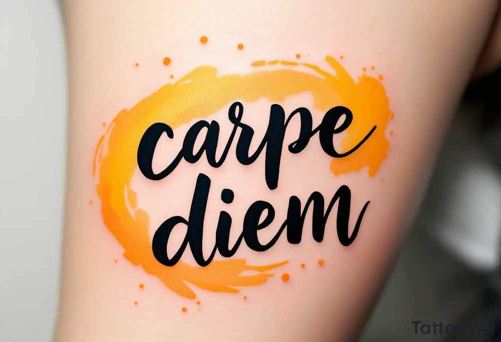 Bold brush-painted black text "carpe diem", surrounded by splashes of golden yellow and orange like a sunrise. tattoo idea