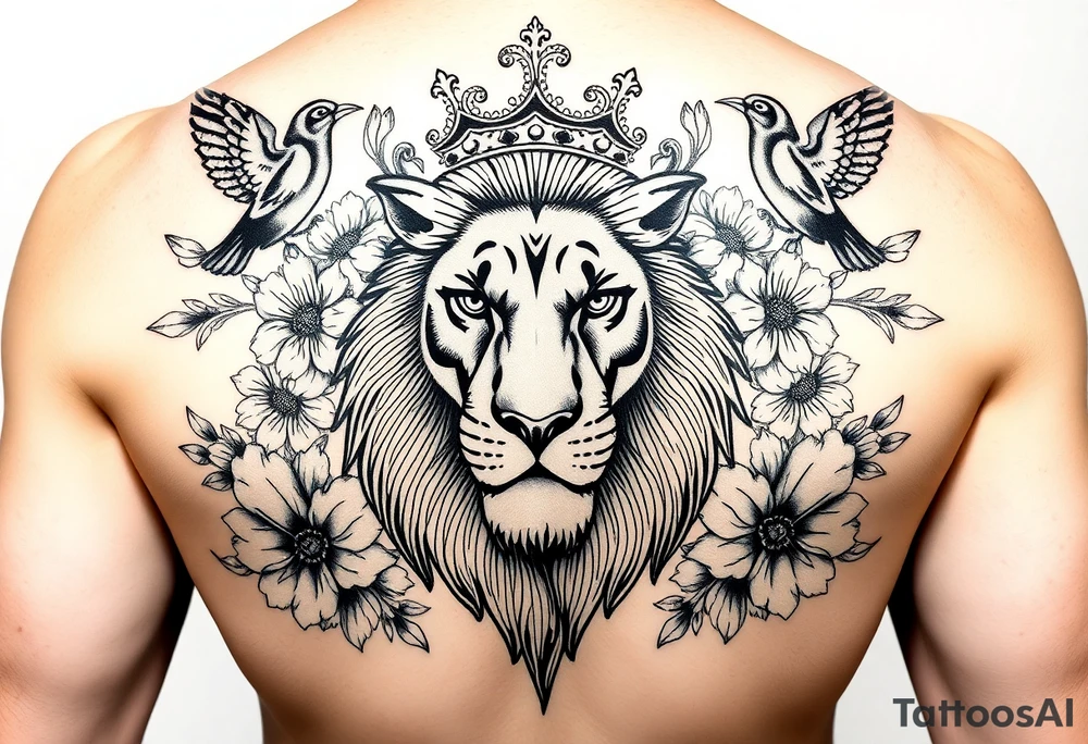 powerful majestic lion with a crown, surrounded by floral ornaments and birds tattoo idea