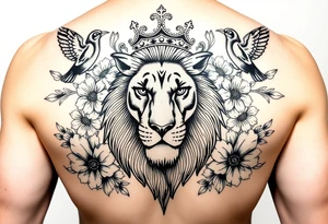 powerful majestic lion with a crown, surrounded by floral ornaments and birds tattoo idea