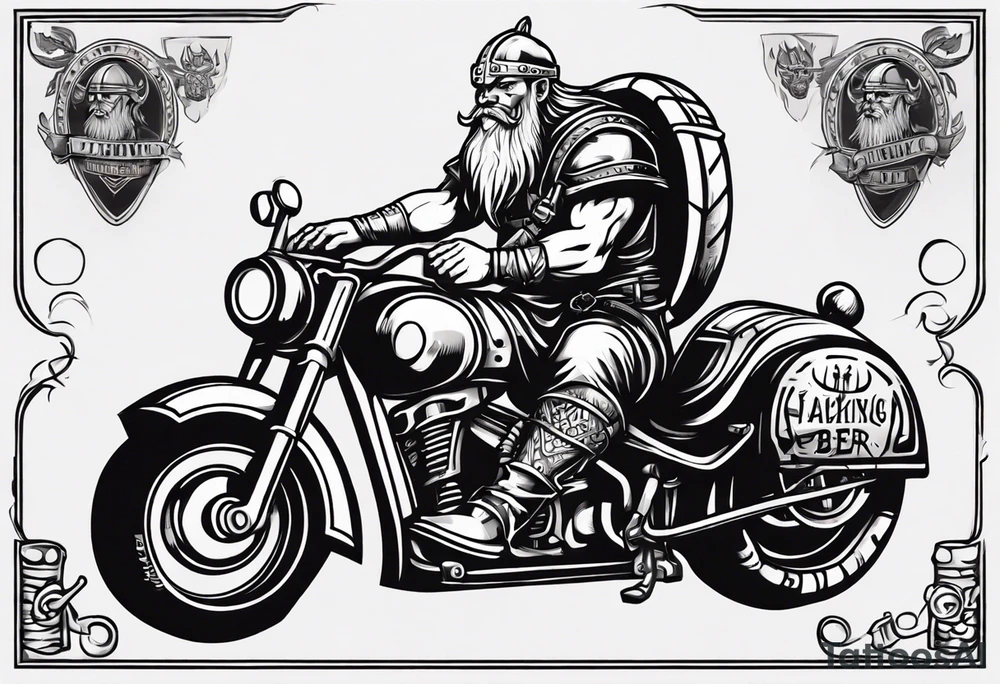 A viking drinking a beer on a motorcycle tattoo idea