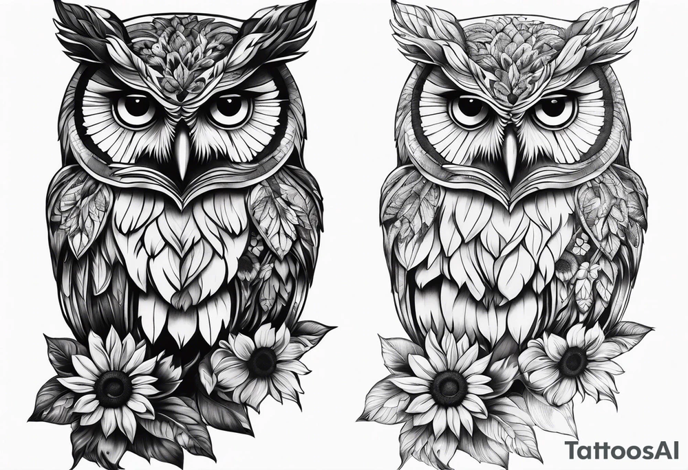 Arm sleeve with owl and sunflower tattoo idea