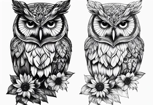 Arm sleeve with owl and sunflower tattoo idea