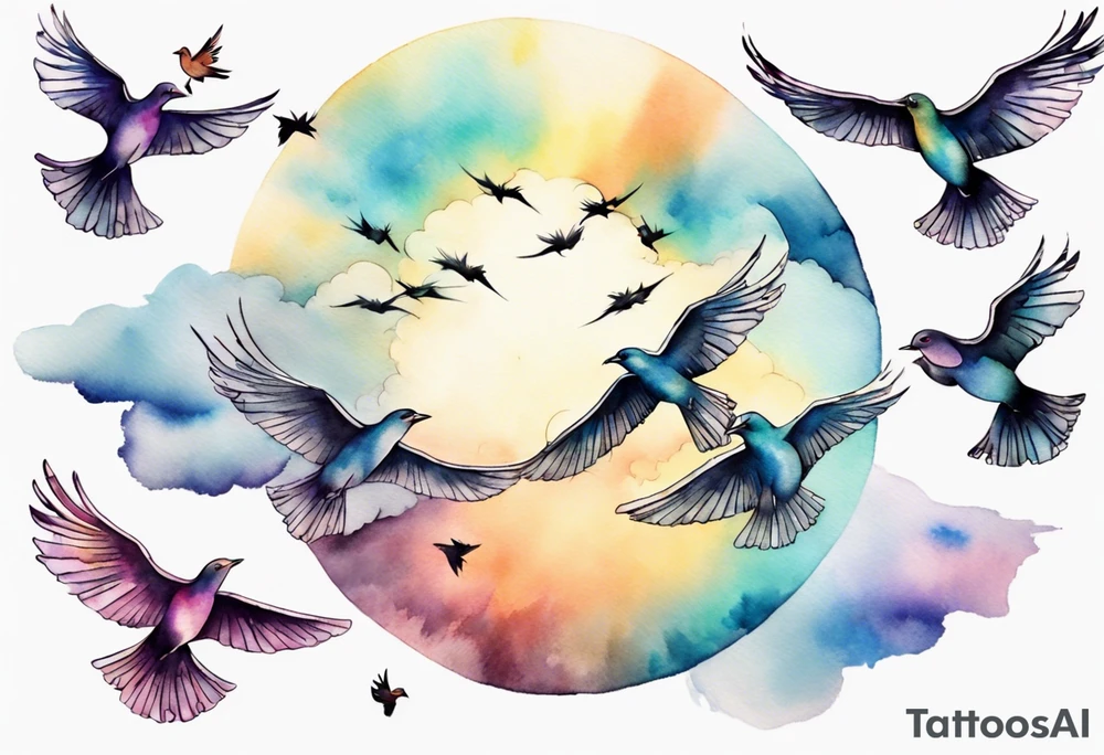 a shoulder tattoo with lots of rays of light in gradient starting from the middle
, clouds and birds flying free tattoo idea